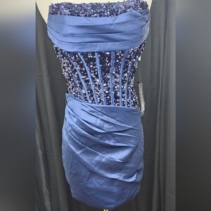 Blue Ruched Satin Sequin - Women's Evening Mini Dress